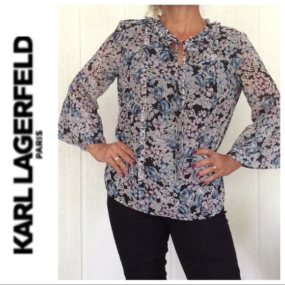 KARL LAGERFELD FLORAL TIE NECKLINE BLOUSE LARGE NWOT - Picture 1 of 8